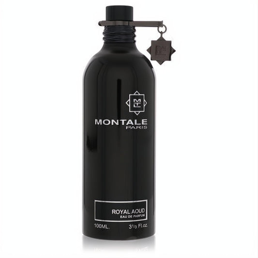 Montale Royal Aoud 3.3 oz women's EDP. Elegant black metallic bottle, signature Montale logo charm.
