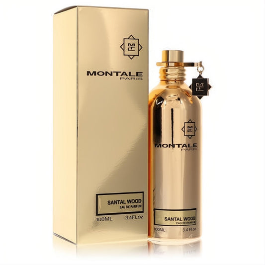 Discover Montale Santal Wood 3.4 oz unisex EDP: a sleek gold metallic spray bottle with black logo tag & matching box.
