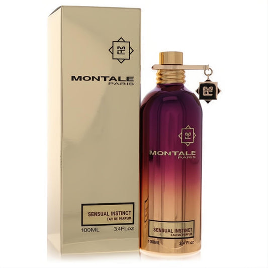 Montale Sensual Instinct 3.4 oz EDP. Elegant ombre purple-gold metallic bottle with a chic gold cap and matching box.