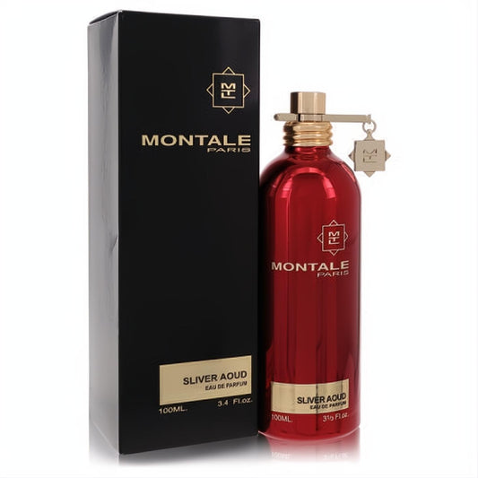 Luxurious Montale Silver Aoud 3.4 oz Eau De Parfum. Features a vibrant red metallic bottle with gold cap and elegant black box.