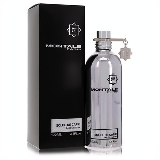 Luxurious Montale Soleil De Capri 3.4 oz women's EDP, featuring a radiant silver metallic bottle and elegant black packaging.