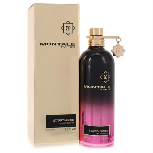 Luxurious Montale Starry Nights 3.4 oz EDP in a sleek black-to-pink metallic bottle with a gold cap and matching box.