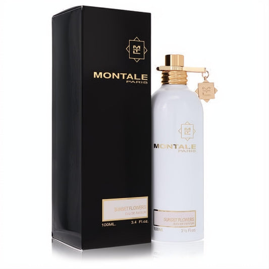 Luxurious Montale Sunset Flowers 3.4 oz women's EDP. White metallic bottle, gold cap, charm, and sleek black box.