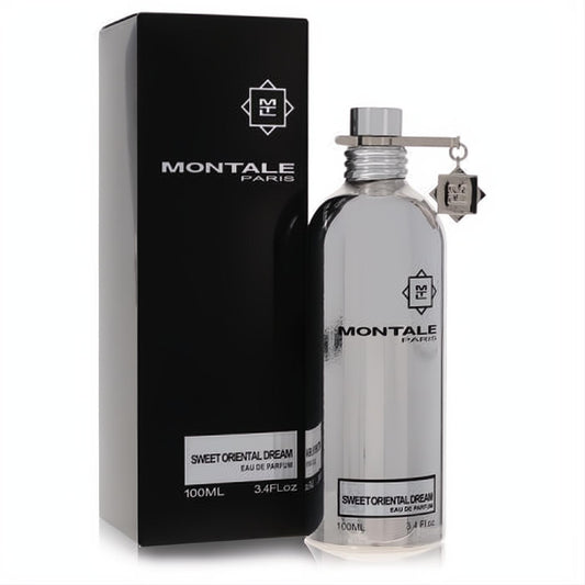 Montale Sweet Oriental Dream 100ml unisex EDP. Luxurious silver metallic bottle with signature charm, sleek black box.