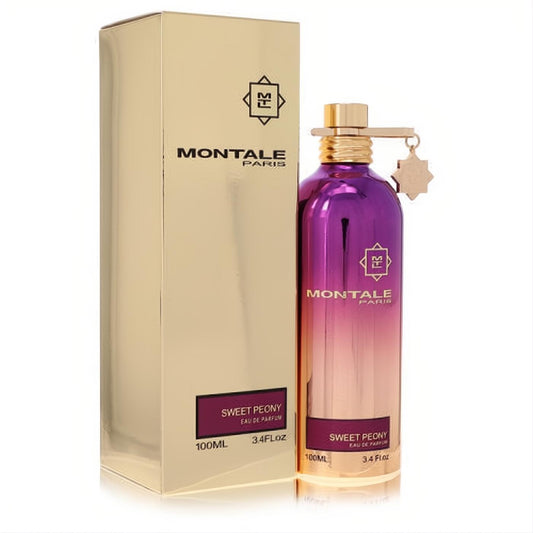 Elegant Montale Sweet Peony 3.4 oz Eau De Parfum spray. Features a vibrant purple-gold ombre metallic bottle and a luxurious gold box.