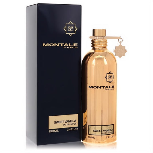 Luxurious Montale Sweet Vanilla 3.4 oz gold metallic Eau De Parfum spray bottle with sleek black box.