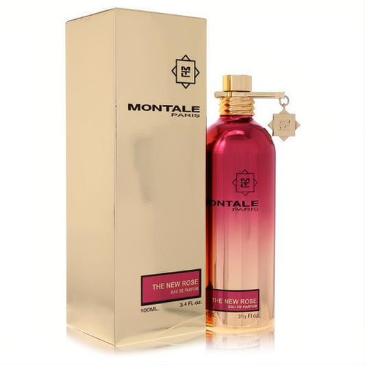 Luxurious Montale The New Rose 3.4 oz EDP spray in a striking pink-gold metallic bottle with a gold cap and elegant matching box.