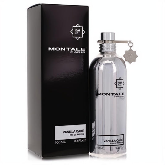 Luxurious Montale Vanilla Cake 3.4 oz unisex EDP. Sleek silver metallic bottle with charm, displayed beside its elegant black box.