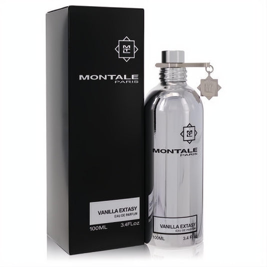 Luxurious Montale Vanilla Extasy 3.4 oz women's EDP in a sleek silver metallic bottle with charm, paired with its elegant black box.