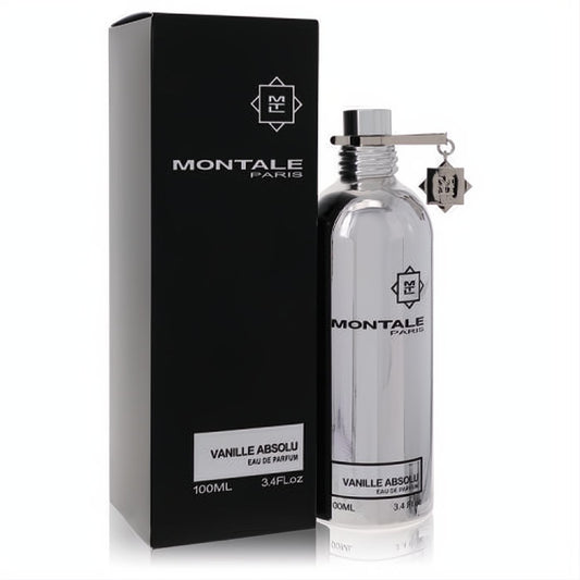 Montale Vanille Absolu 3.4 oz unisex Eau De Parfum. Sleek silver metallic bottle with logo charm and elegant black box.
