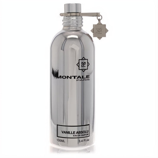 Montale Vanille Absolu 3.4 oz EDP. Luxurious shiny silver metallic bottle with 'MONTALE PARIS' branding and logo charm.