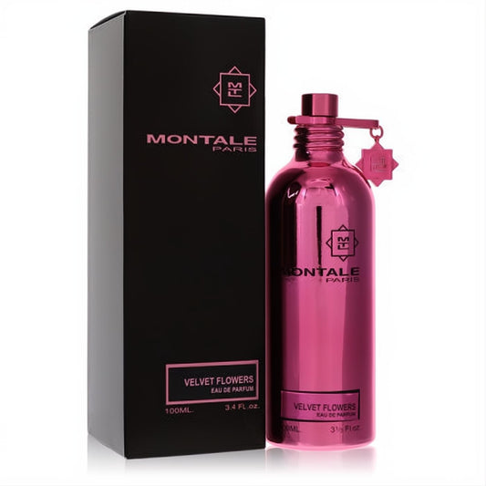 Elegant Montale Velvet Flowers 3.4 oz EDP in a vibrant fuchsia metallic bottle with unique charm and black box.