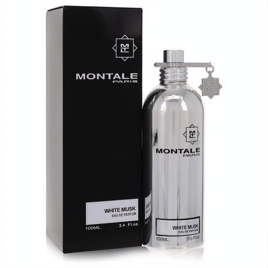 Montale White Musk Eau De Parfum 3.4 oz women's fragrance. Sleek silver metallic bottle with black box.