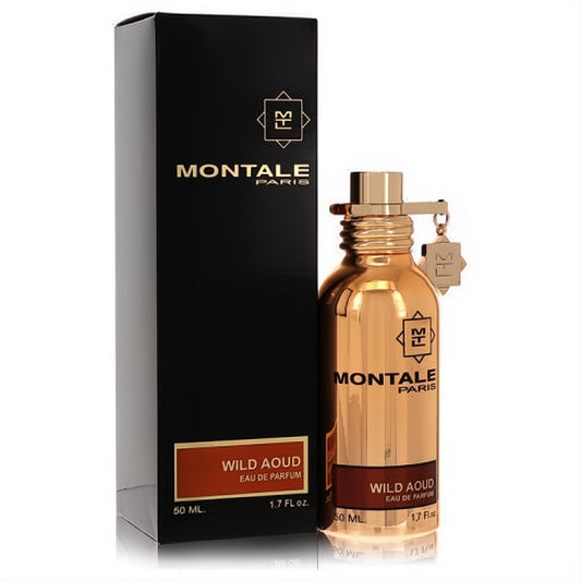 Experience Montale Wild Aoud 1.7 oz unisex EDP. Features a luxurious metallic gold bottle with a distinctive charm and elegant black box.