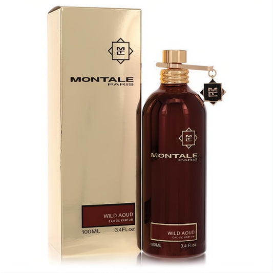 Montale Wild Aoud 3.4 oz unisex Eau De Parfum. Striking dark red metallic bottle with a gold cap, presented in a luxurious gold box.