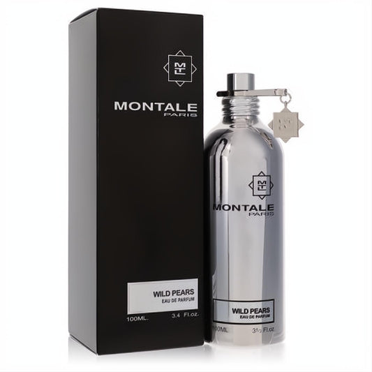 Montale Wild Pears 3.4 oz Eau De Parfum. Striking metallic silver bottle with signature charm, next to its sleek black box.