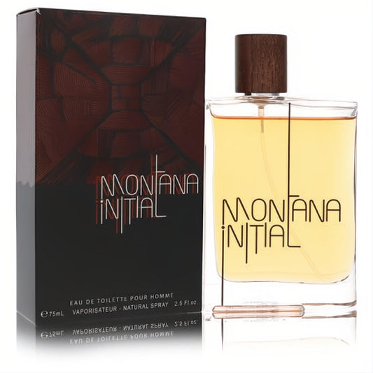 Montana Initial 2.5 oz EDT. Amber fragrance in a sleek glass bottle with dark wood cap, next to its modern dark box.