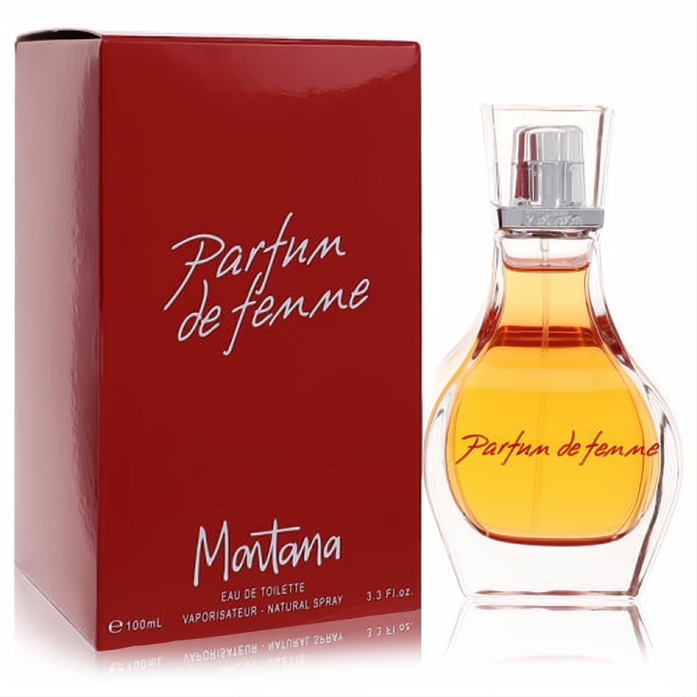 Montana Parfum De Femme 3.3 oz EDT. Elegant amber fragrance in a curvy glass bottle, presented with its vibrant red signature box.