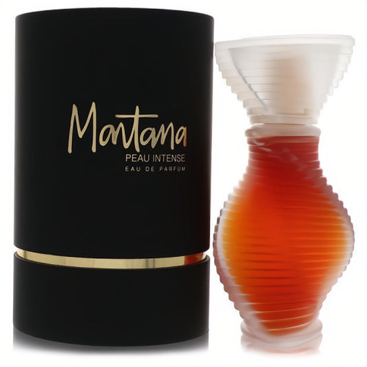 Distinctive Montana Peau Intense perfume bottle with warm amber liquid, unique ribbed glass design, and elegant black & gold box.