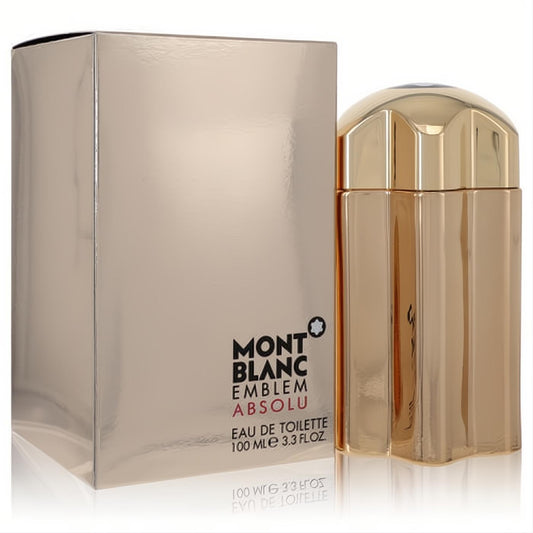 Bold Montblanc Emblem Absolu 100ml gold Eau De Toilette spray in a sleek, faceted bottle with matching metallic box.