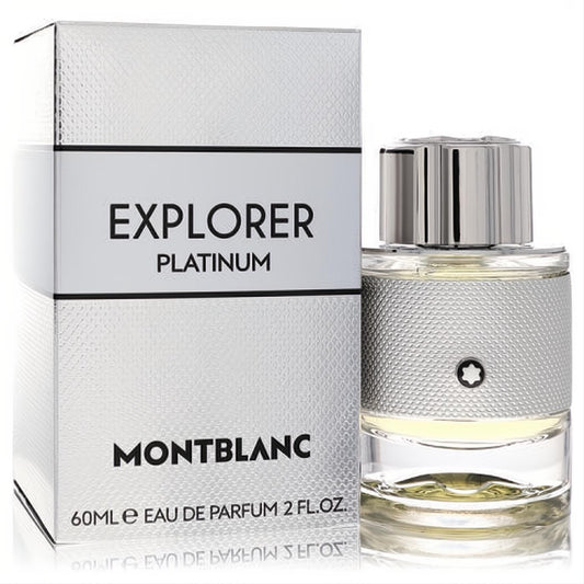 Montblanc Explorer Platinum 2 oz Eau De Parfum for men. Sophisticated silver textured bottle and box, featuring the iconic star logo.