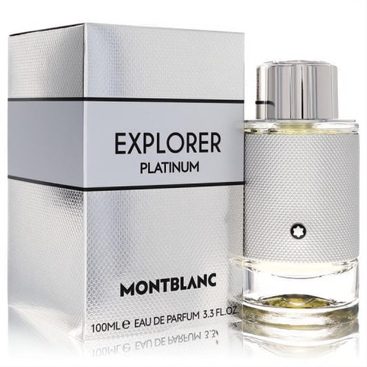 Montblanc Explorer Platinum 3.3 fl.oz. EDP. Sophisticated silver box and textured metallic bottle with clear glass, exuding luxury.