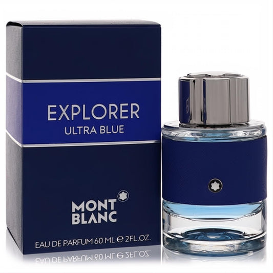 Montblanc Explorer Ultra Blue 2 oz men's EDP. Dark blue box and sleek bottle with textured band, silver cap, and light blue fragrance.