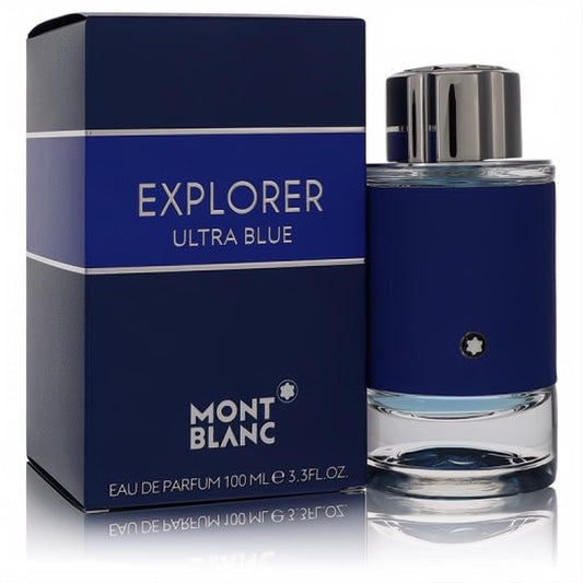 Bold Montblanc Explorer Ultra Blue 3.3 oz men's EDP spray in a sleek dark blue bottle with silver cap, beside its matching box.