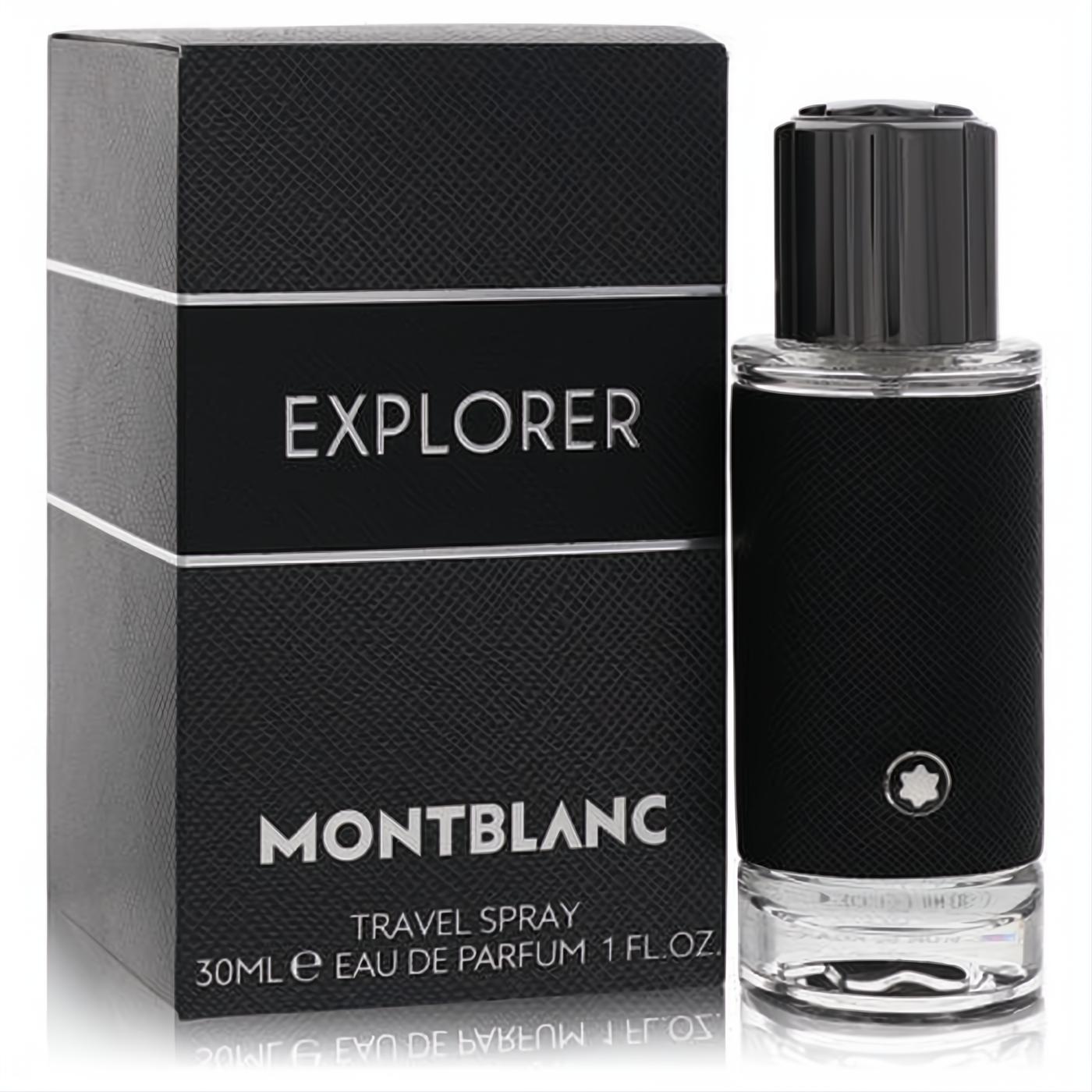Montblanc Explorer 1 oz men's Eau De Parfum. Sleek black textured bottle and box featuring the iconic Montblanc star.