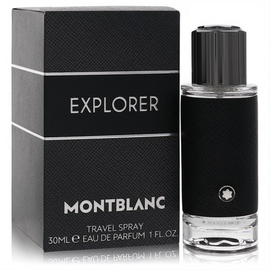 Montblanc Explorer 1 oz men's Eau De Parfum. Sleek black textured bottle and box featuring the iconic Montblanc star.
