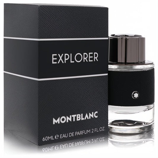Montblanc Explorer 2 oz men's EDP spray. Sophisticated black textured box and clear bottle with signature star logo.