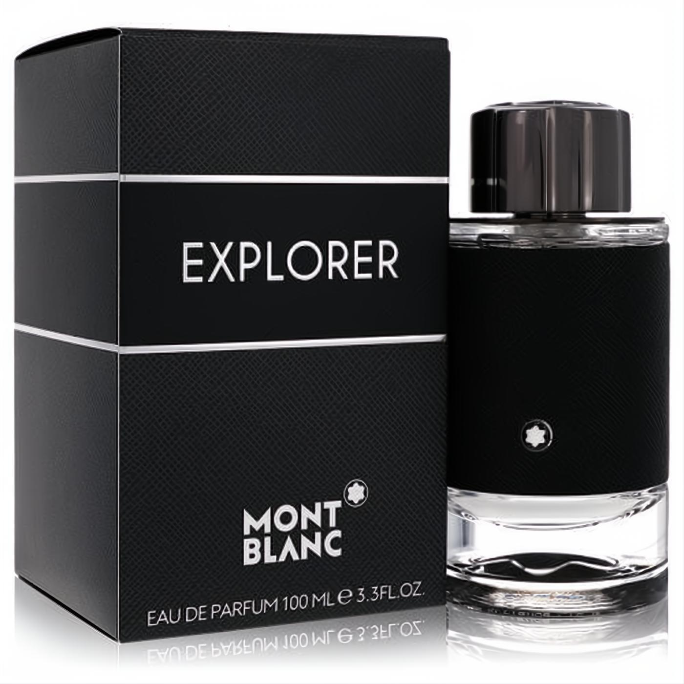 Montblanc Explorer men's Eau De Parfum, 100ml (3.3 fl.oz.). Sleek black bottle with textured sleeve and elegant matching box.