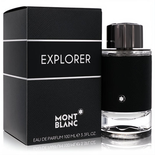 Montblanc Explorer men's Eau De Parfum, 100ml (3.3 fl.oz.). Sleek black bottle with textured sleeve and elegant matching box.