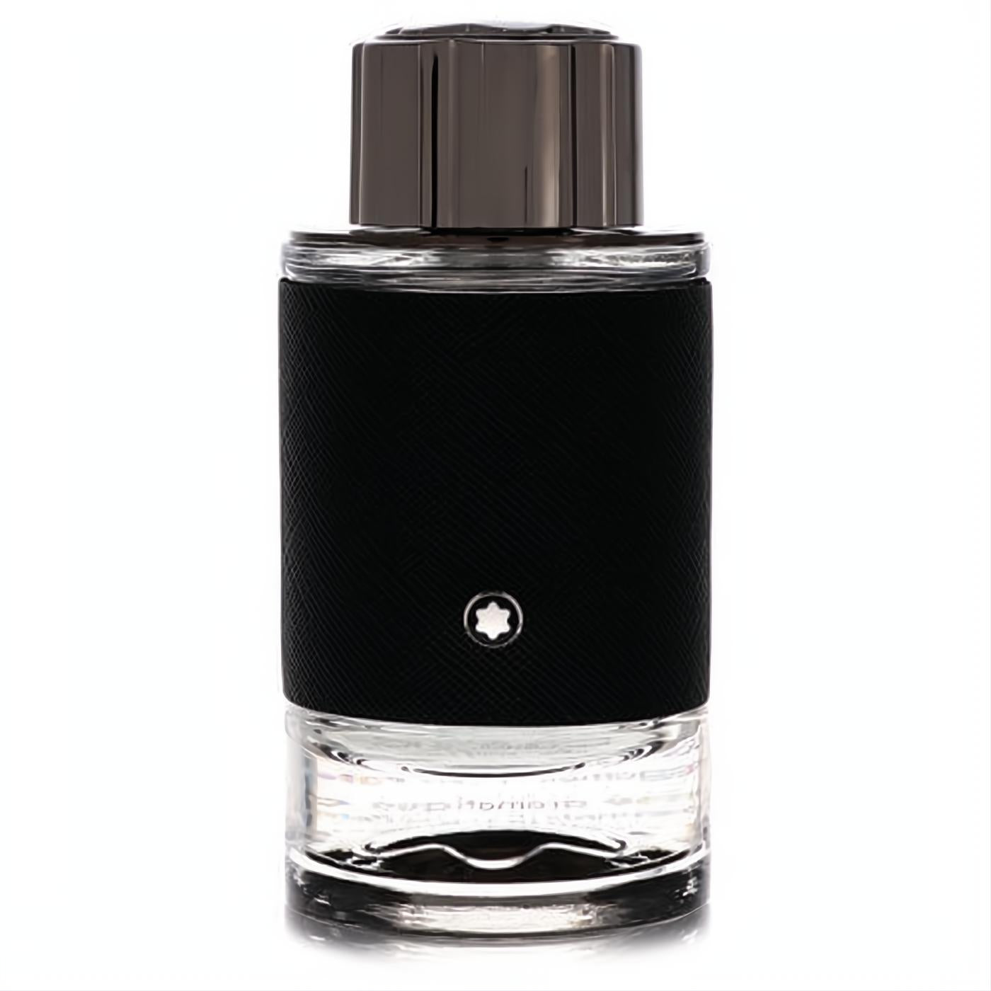Montblanc Explorer men's EDP spray. Bold black textured bottle, clear glass base, and dark ribbed cap with iconic star logo.