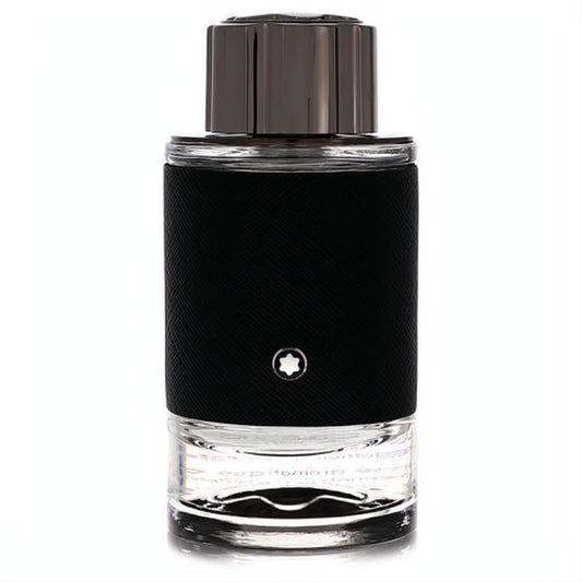 Montblanc Explorer men's EDP spray. Bold black textured bottle, clear glass base, and dark ribbed cap with iconic star logo.