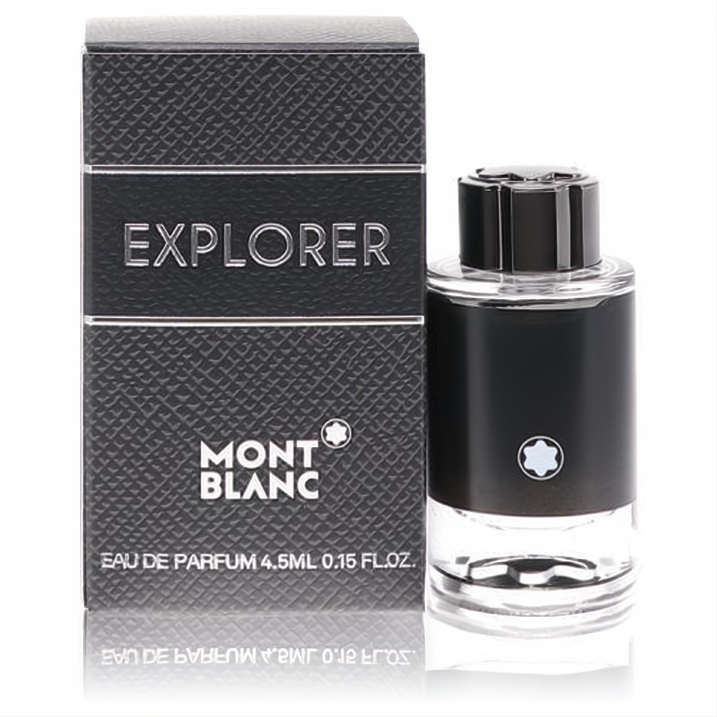 Montblanc Explorer 0.15 oz mini EDP. Black textured box and sleek clear glass bottle with iconic star logo.