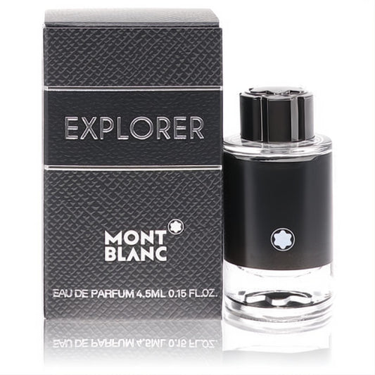 Montblanc Explorer 0.15 oz mini EDP. Black textured box and sleek clear glass bottle with iconic star logo.