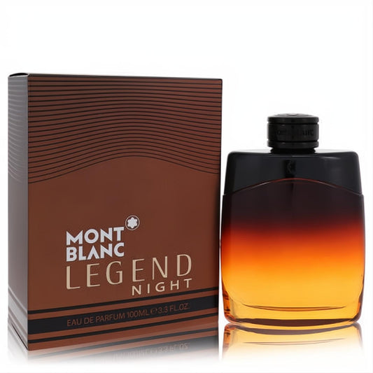 Montblanc Legend Night 3.3 oz men's Eau De Parfum fragrance. Sleek ombre amber bottle and elegant brown striped box.