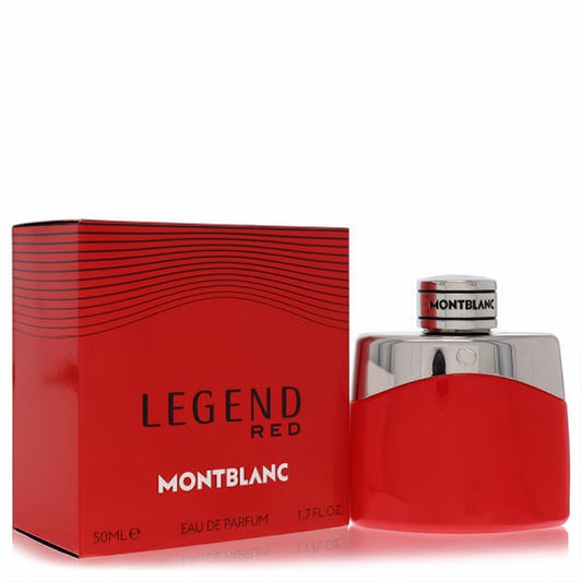 Montblanc Legend Red 1.7 oz EDP for men. Striking red bottle with silver cap, elegant red box. Elevate your style.