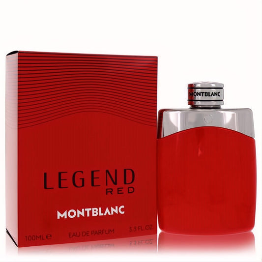 Montblanc Legend Red 3.3 oz men's EDP. Striking red bottle with a sleek silver cap, presented in a vibrant red box.