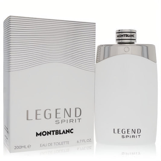 Montblanc Legend Spirit 6.7 oz men's Eau De Toilette. Sleek white frosted glass bottle with silver cap and elegant matching box.