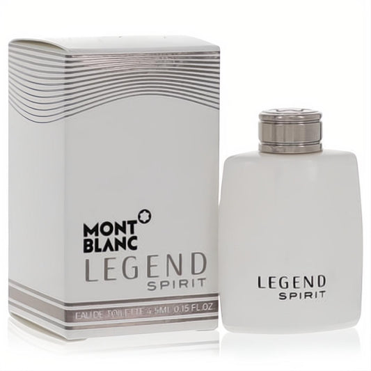Montblanc Legend Spirit 0.15 oz men's EDT. Sleek frosted white bottle, silver cap, and elegant white branded box.