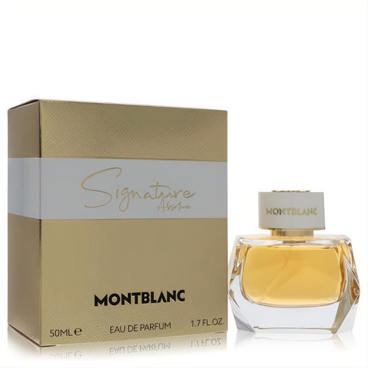 Montblanc Signature Absolue 1.7 oz EDP spray. Luxurious golden box and elegant faceted glass bottle with golden liquid.