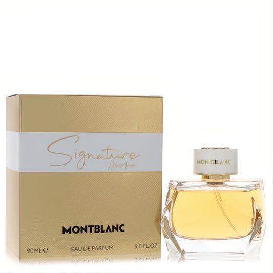 Montblanc Signature Absolue 3.0 oz EDP in a luxurious gold box and stunning faceted glass bottle with golden liquid.