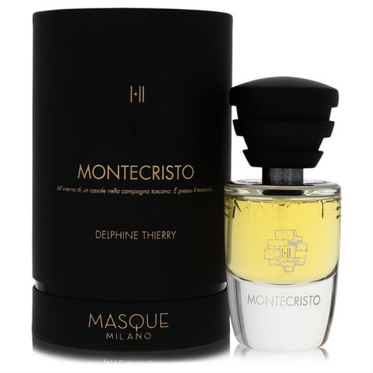 Montecristo by Masque Milano unisex EDP. Luxurious black box and clear bottle with golden liquid, a distinctive ridged black cap.