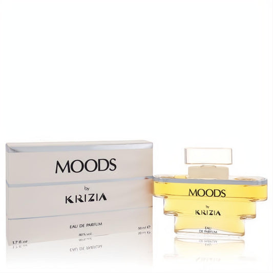 Moods by Krizia 1.7 oz women's Eau de Parfum. Amber liquid in a unique layered glass bottle with an elegant beige box.