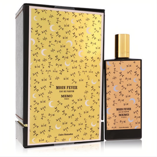 Elegant Moon Fever Memo Paris unisex perfume. Black glass bottle, gold cap, amber liquid, and unique gold/black celestial pattern. Matching box.