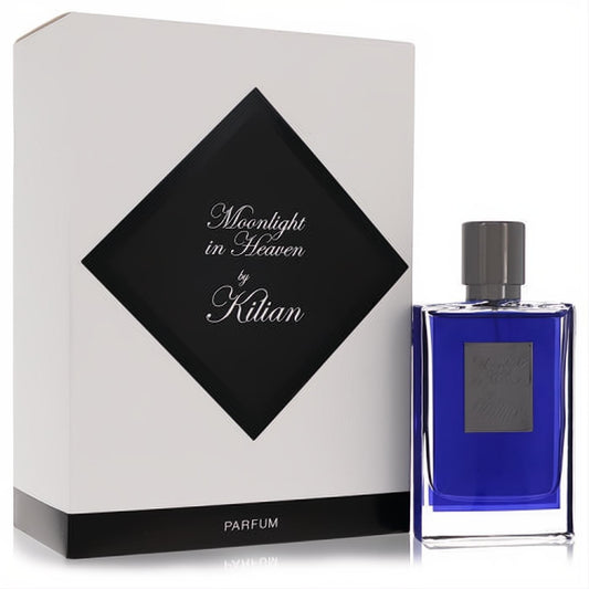 Sophisticated Kilian Moonlight in Heaven 1.7 oz blue refillable unisex perfume bottle, dark cap, and chic white box.