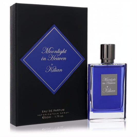 Moonlight in Heaven by Kilian 1.7 oz unisex EDP. Elegant royal blue glass bottle, dark metallic cap, and sleek black box.
