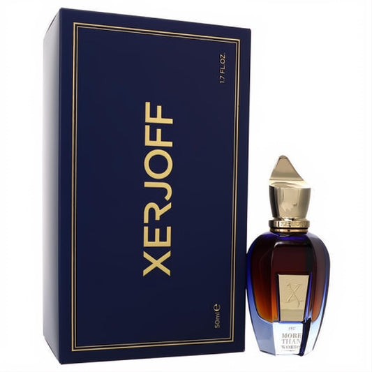 Xerjoff More Than Words 1.7 oz unisex EDP. Dark blue box and luxurious gradient glass bottle with a distinctive gold cap.